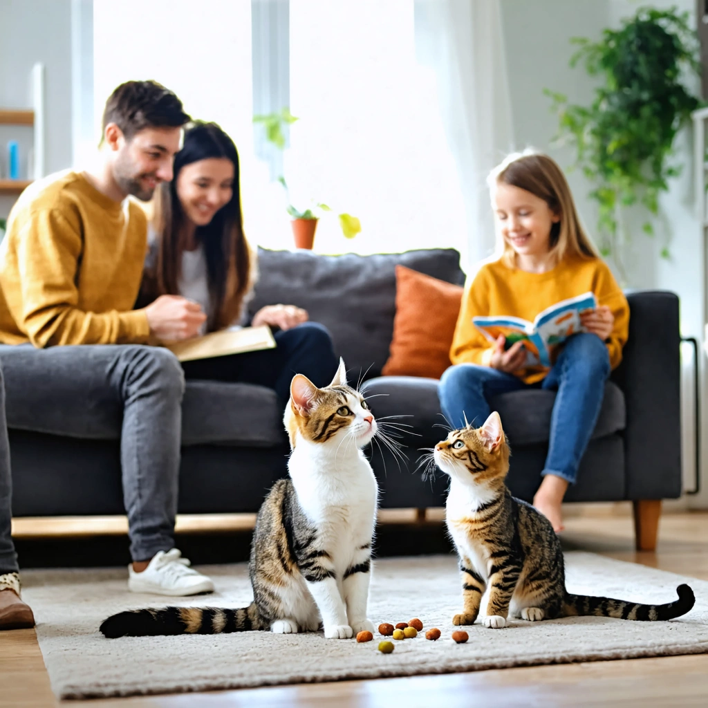 Des amis assis dans un salon accueillent un chat de façon calme et respectueuse, l'un tend un jouet plumeau, tandis qu'une adulte occupe un enfant avec un coloriage pour éviter toute excitation.