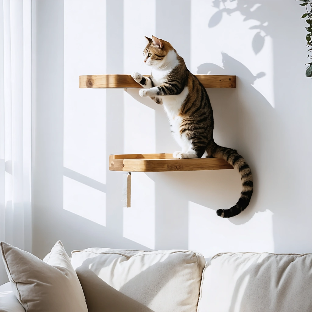 Chat grimpant sur des plateformes en bois d'un arbre à chat mural minimaliste dans un salon de style scandinave lumineux