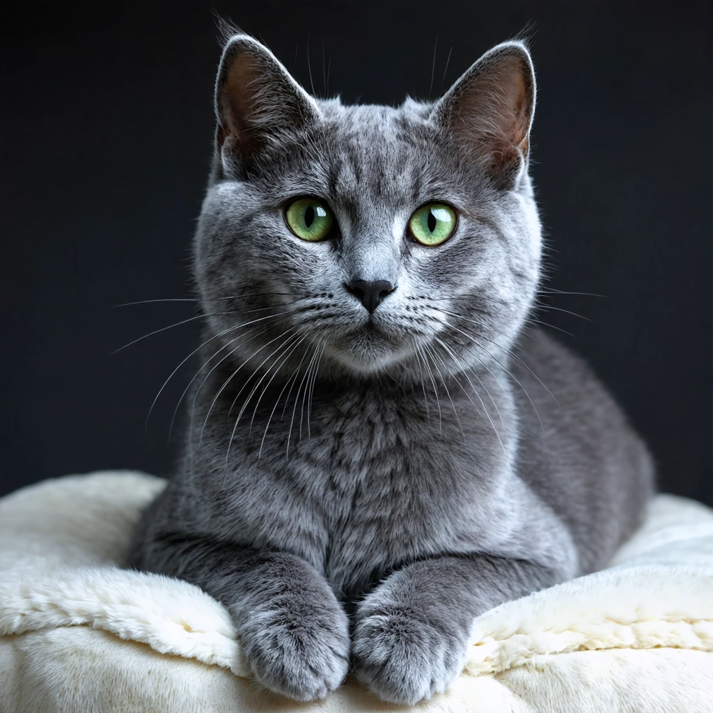 Un chat Bleu Russe élégant à la robe gris argenté et aux yeux verts perçants, allongé avec grâce sur un coussin clair.