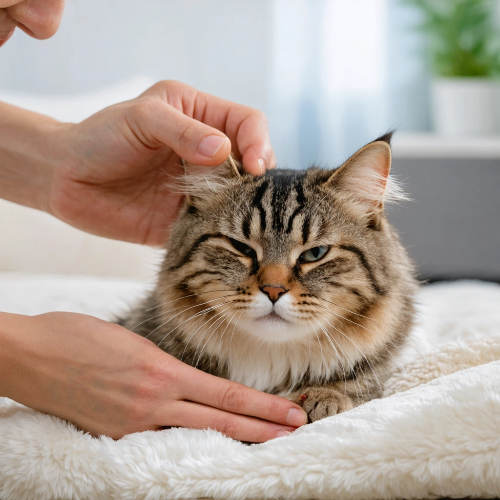 Personne brossant doucement le dos ou la tête d'un chat détendu et heureux dans une ambiance chaleureuse.