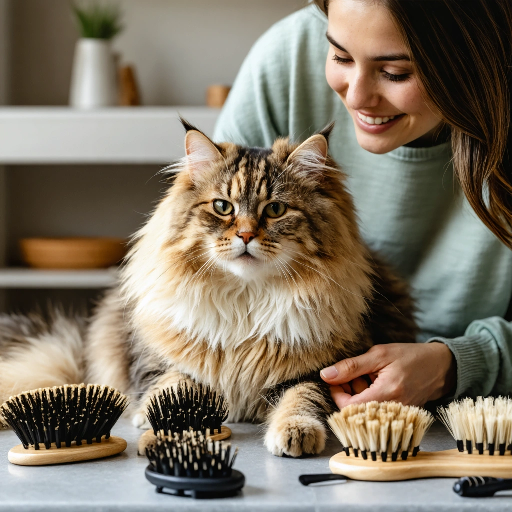 Une femme brosse doucement un chat à poils longs détendu dans son salon, avec des brosses à proximité