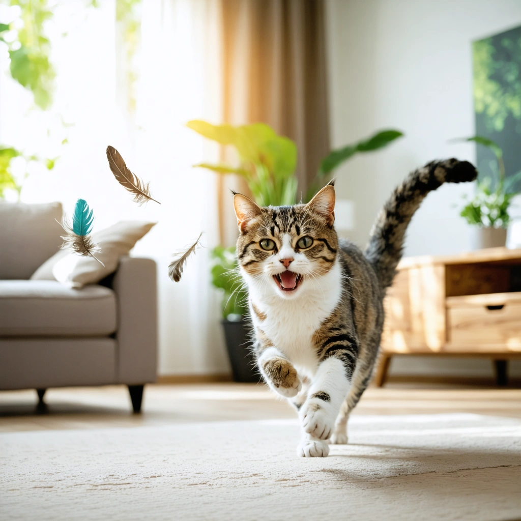 Un chat s'amuse avec un jouet en plumes naturelles biodégradables dans un salon lumineux, montrant l'aspect écologique et ludique de l'accessoire.