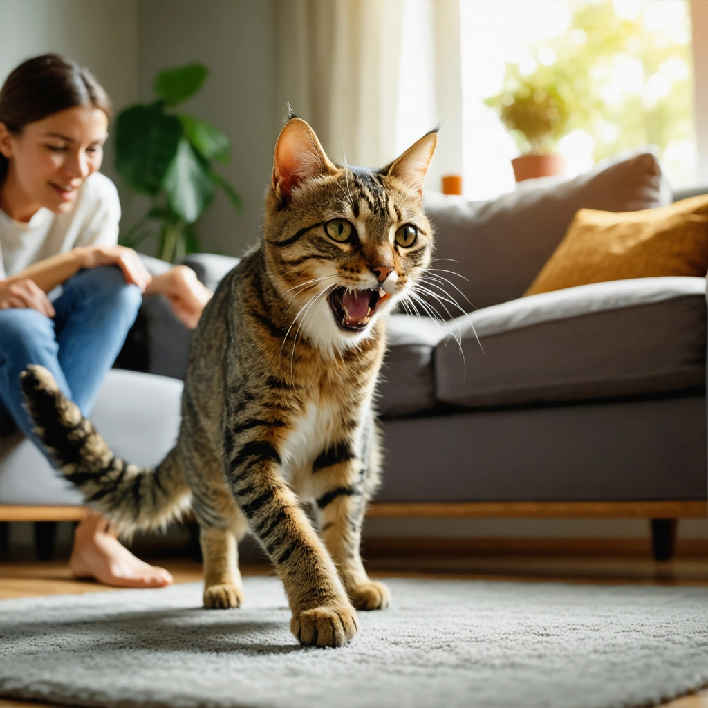 Chat domestique montrant subitement des signes d'agressivité envers sa maîtresse dans un salon familial, poils hérissés, attitude défensive.