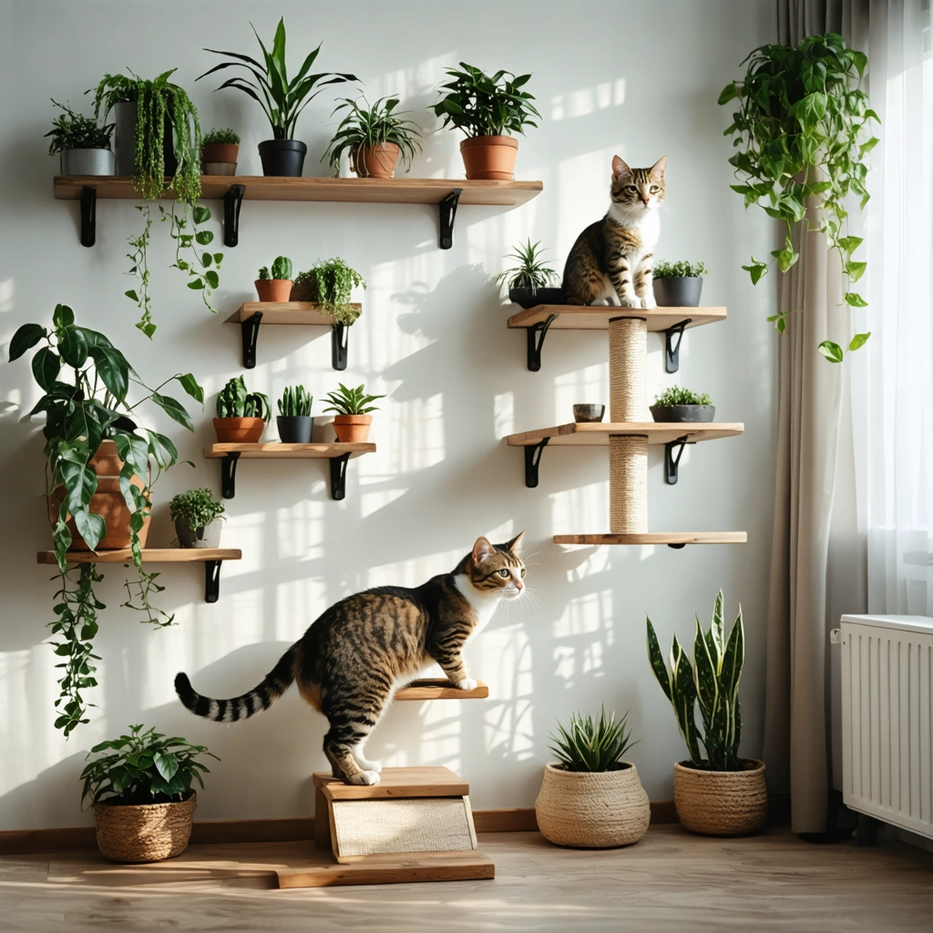 Un chat profite d'étagères et d'arbres à chat installés en hauteur dans un appartement lumineux, illustrant l'importance de l'espace vertical pour son bien-être.