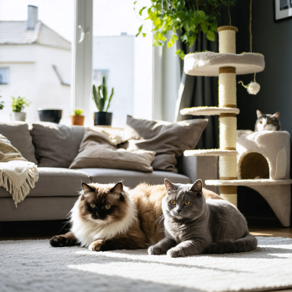 Trois chats calmes (ragdoll, british shorthair, chartreux) se reposent dans un salon lumineux et paisible d'appartement, entourés de coussins et d'un arbre à chat.