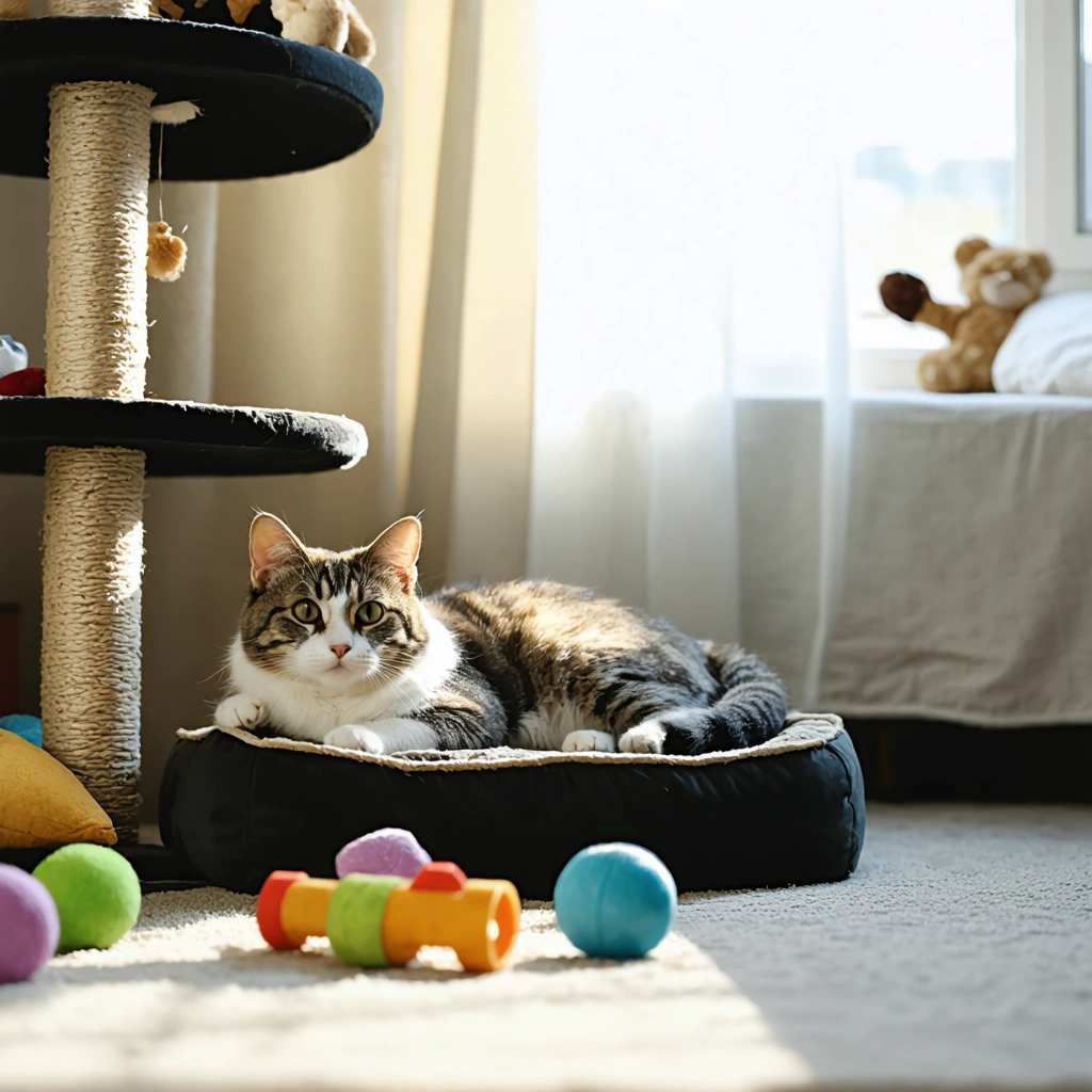 Un chat d’appartement détendu installée sur un arbre à chat, entouré de jouets et de coussins dans un salon lumineux et paisible.