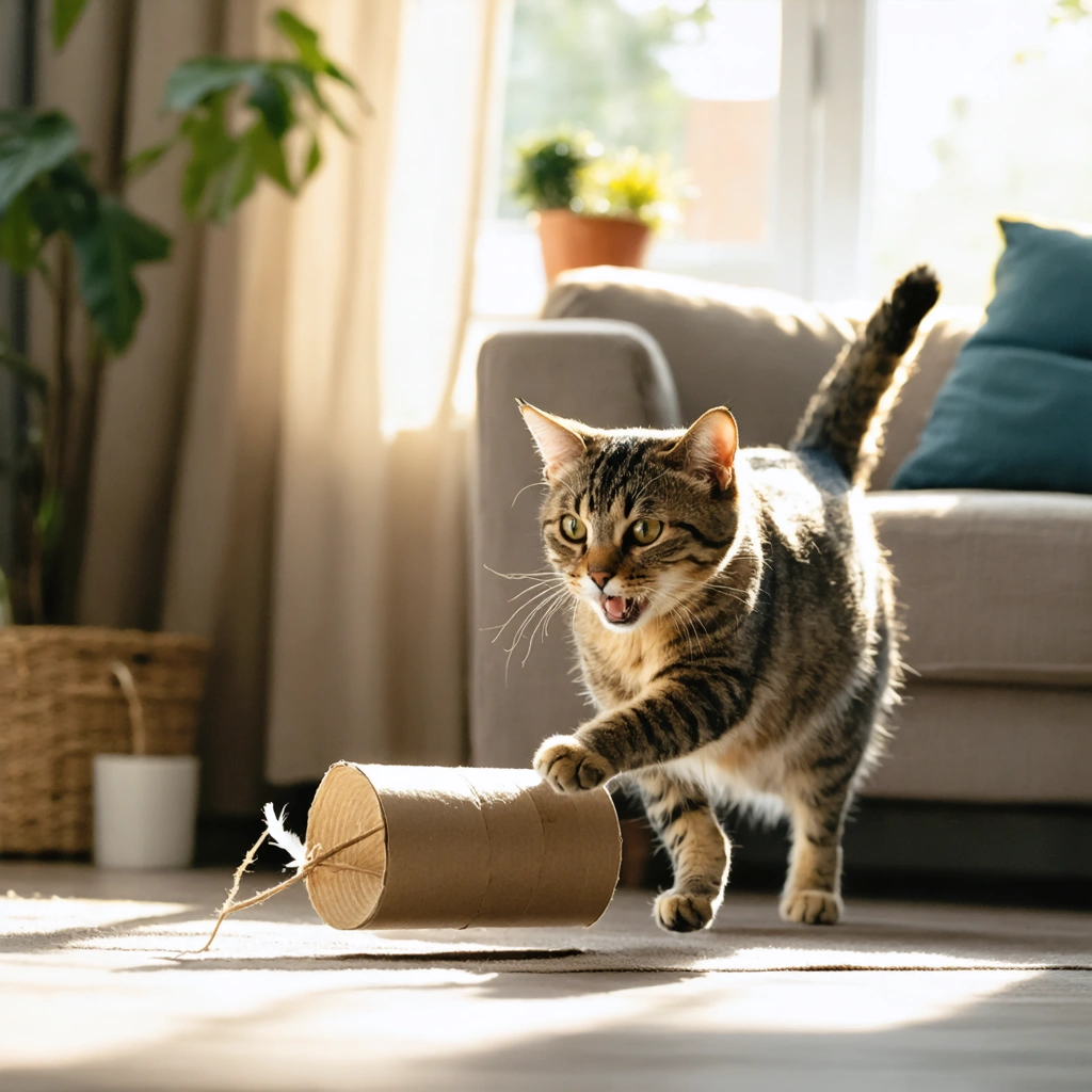 Scène réaliste d’un chat joueur s’amusant avec un jouet fait maison en carton qui roule, dans un salon chaleureux avec lumière naturelle.