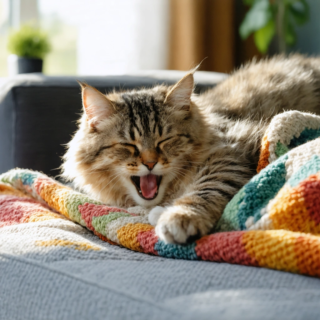 Un chat allongé sur une couverture colorée, en train de pétrir le tissu avec ses pattes avant et de ronronner, dans une pièce chaleureuse éclairée par la lumière du jour.