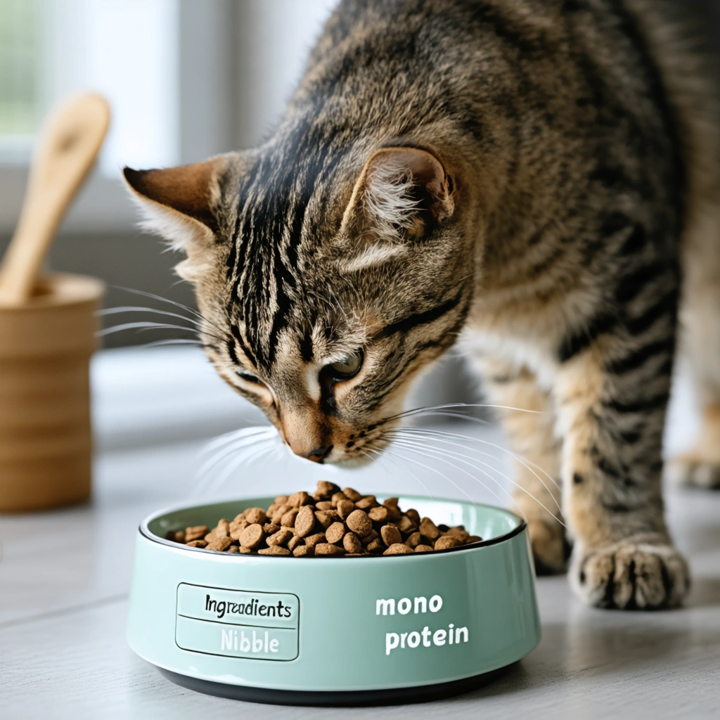 Chat sensible reniflant avec curiosité un bol de croquettes mono-protéinées, ingrédients naturels présentés à côté dans une cuisine lumineuse.