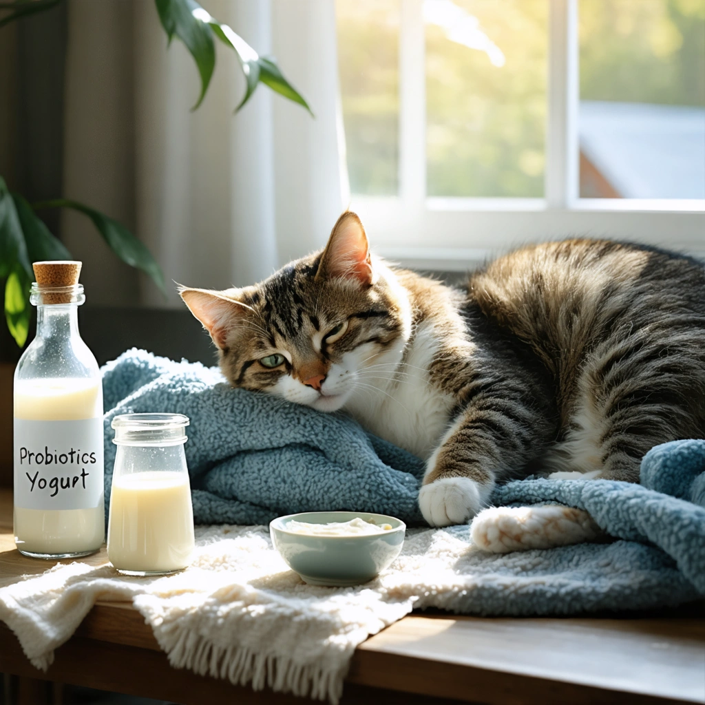 Un chat allongé paisiblement sur une couverture à côté d'une gamelle d'eau et de remèdes naturels pour la digestion, dans une atmosphère chaleureuse.