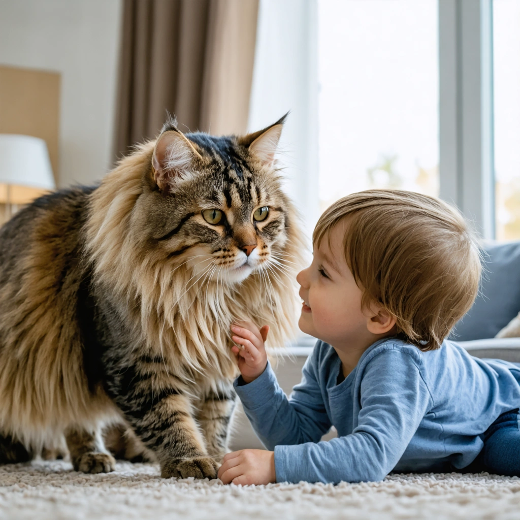 Un grand chat doux et affectueux, de type Maine Coon, joue et reçoit des câlins de la part de deux jeunes enfants dans un salon familial accueillant.