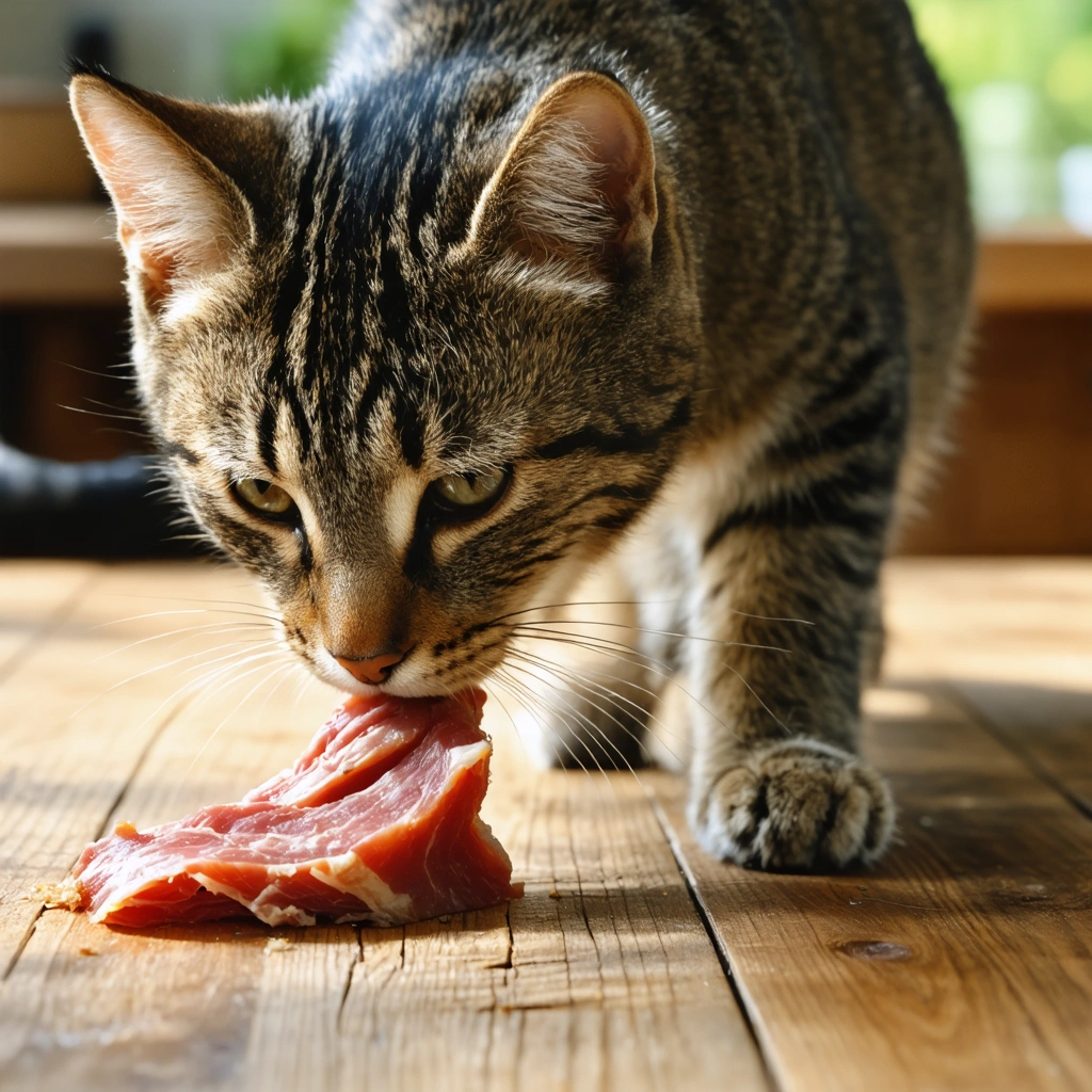 chat tigré curieux reniflant une friandise de bœuf séchée sur une table en bois, dans une maison ensoleillée