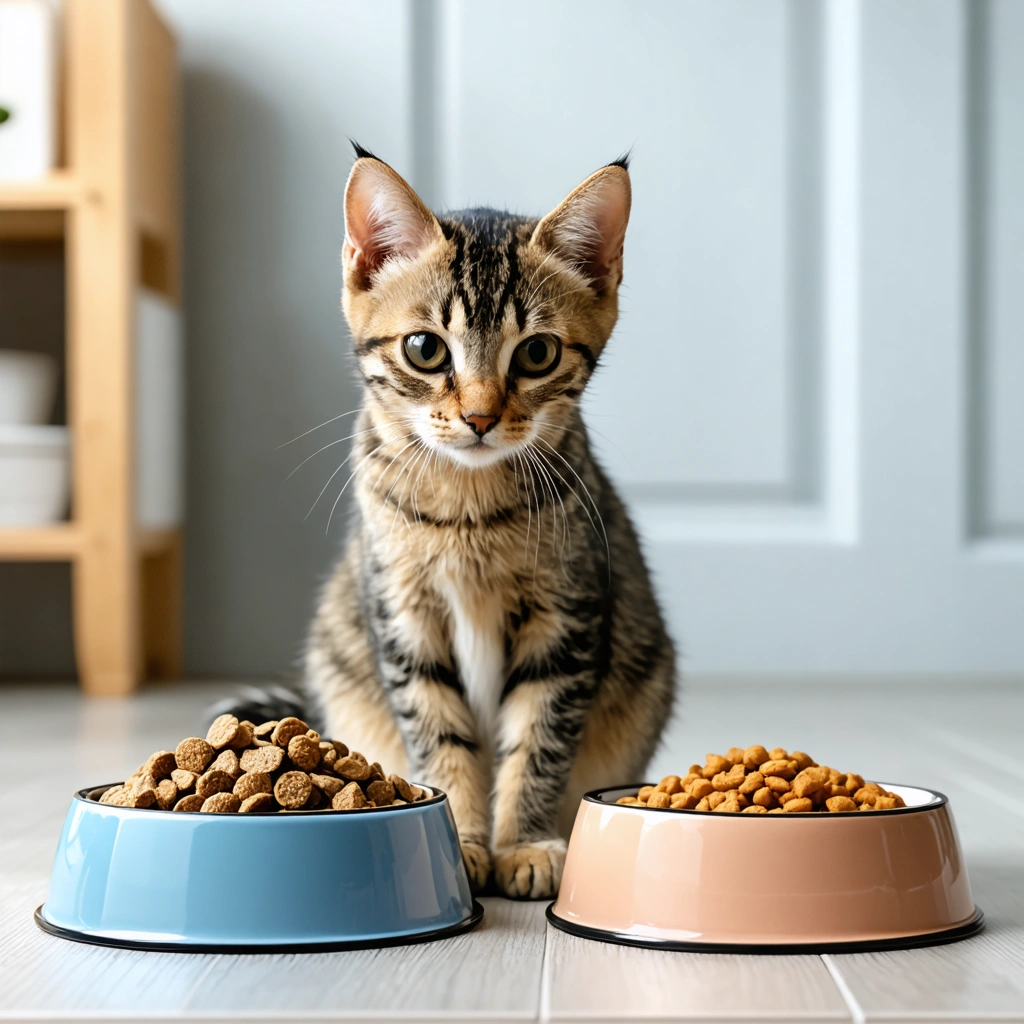 Chat domestique assis devant deux gamelles, l'une avec des croquettes et l'autre avec de la pâtée, regardant sa nourriture d'un air méfiant ou difficile, sans toucher à la nourriture.