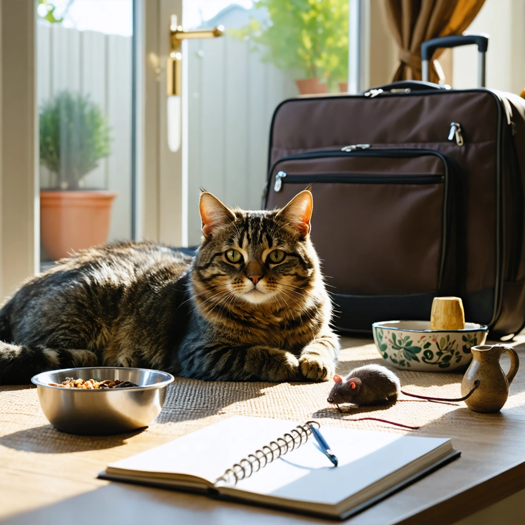 Un chat détendu dans un salon lumineux, entouré d'accessoires de garde et d'une valise indiquant un départ en vacances.