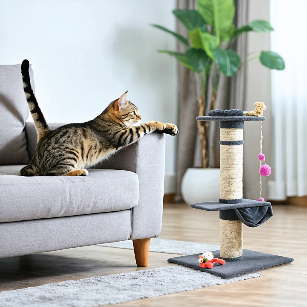 Un chat tigré s'étire et tente de griffer un canapé en tissu moderne dans un salon lumineux, tandis qu'un griffoir attrayant est placé à proximité, illustrant une méthode douce pour détourner le chat du canapé.