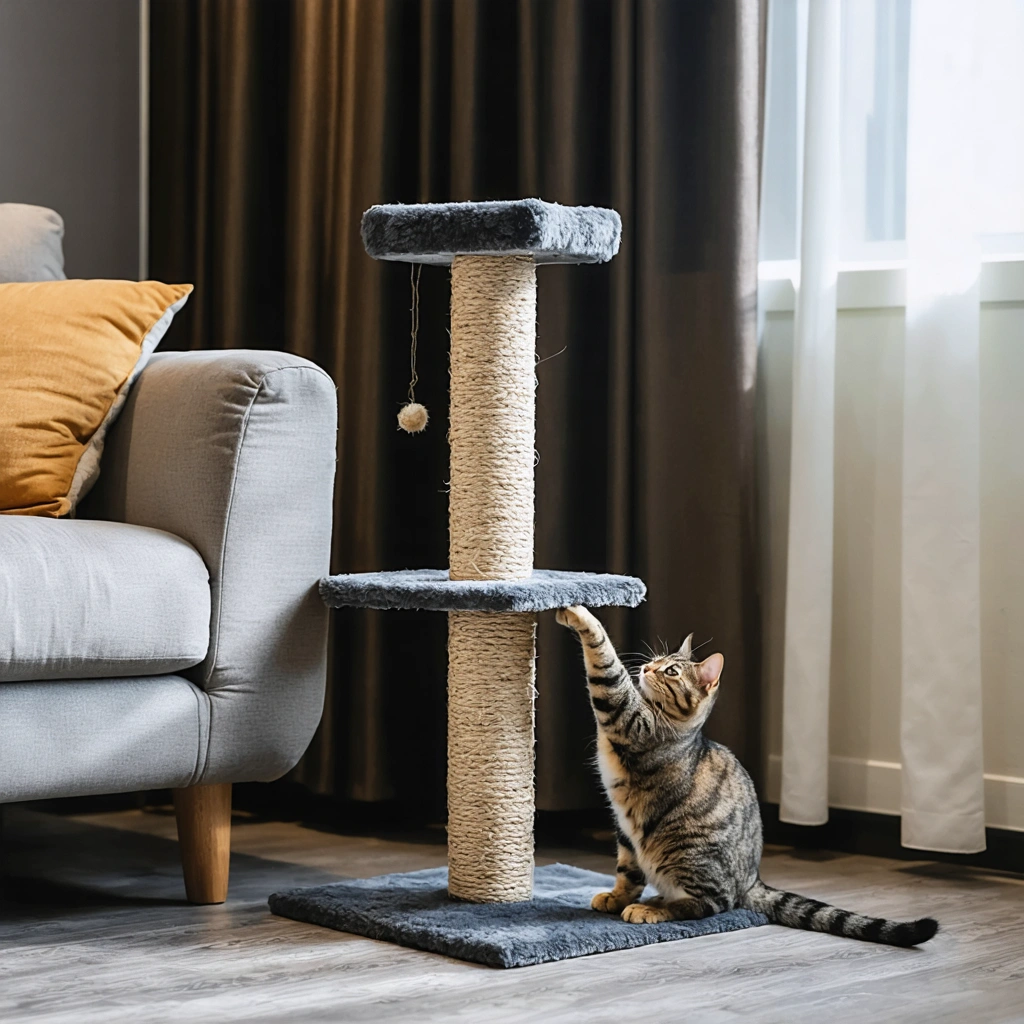 Un chat utilise un griffoir placé à côté d’un canapé dans un salon accueillant et moderne, montrant l’importance de bien positionner le griffoir.