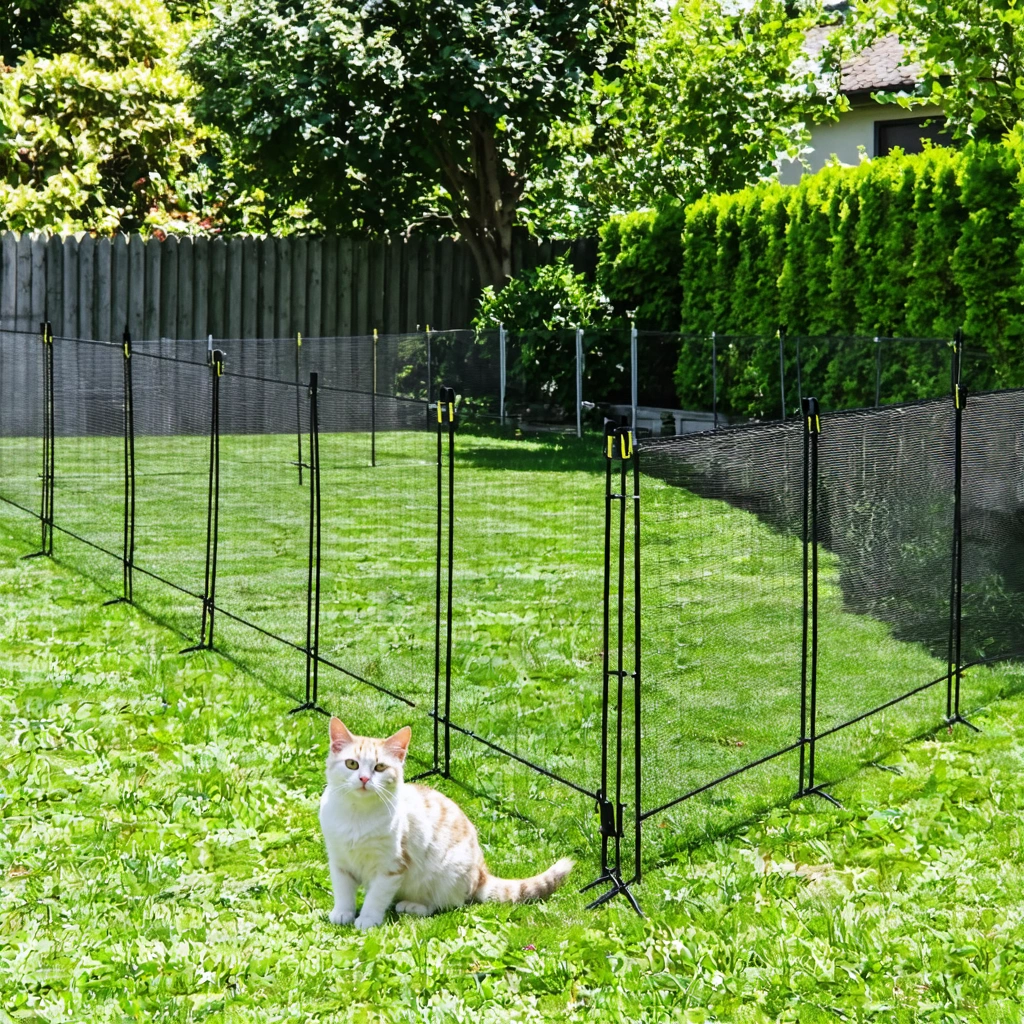 Un chat domestique se promène en toute sécurité dans un jardin entouré de divers dispositifs anti-fugue, telles qu'une clôture inclinée, une barre roulante et un grillage renforcé.