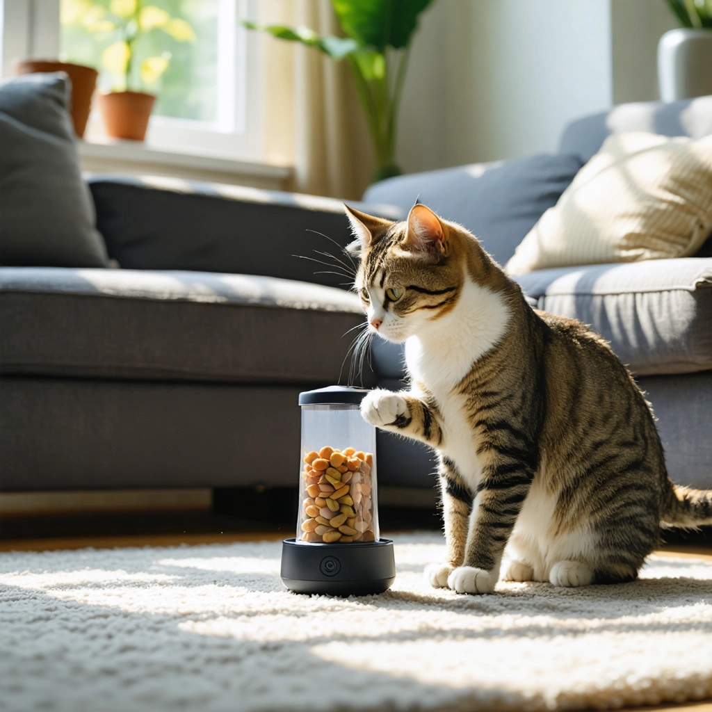 Un chat domestique joue seul avec un distributeur de friandises lent dans un salon moderne, profitant de l'activité pendant l'absence de ses humains.
