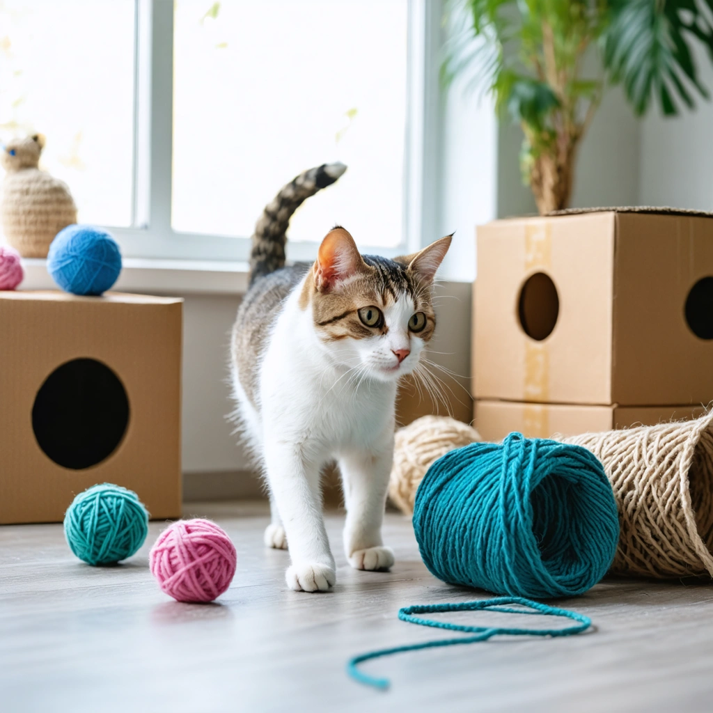 Un chat d’appartement qui joue avec des jouets faits maison dans un salon moderne, entouré de boîtes, balles et tunnels.