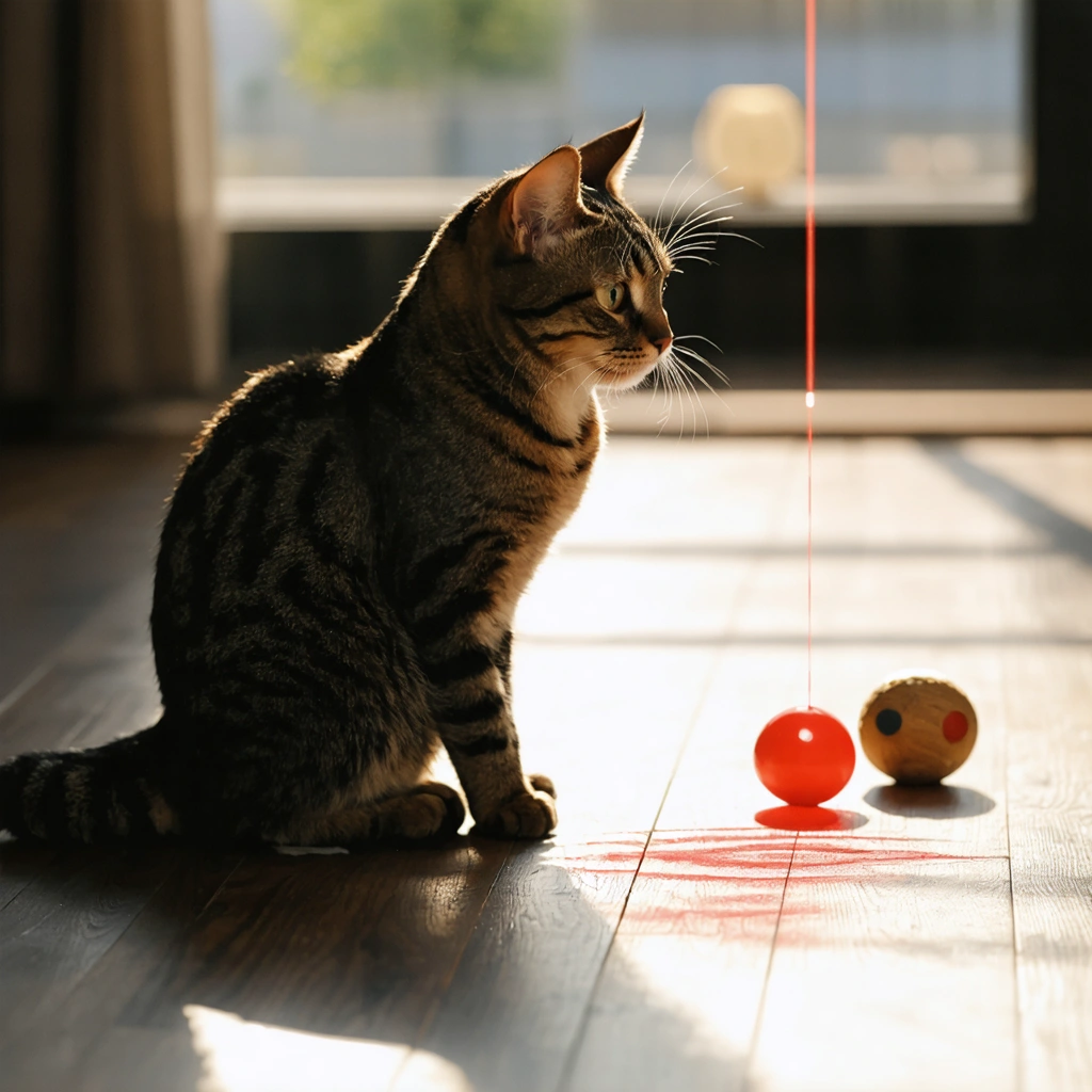 Un chat tigré fixé intensément sur un point laser rouge au sol dans un salon, son regard captivé mais légèrement stressé, des jouets autour.