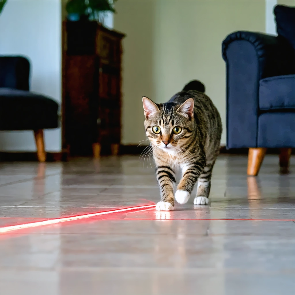 Un chat aux yeux écarquillés bondit avec énergie sur un point lumineux rouge projeté sur le carrelage d'un salon, illustrant son instinct de chasseur et son enthousiasme en jouant avec un laser.