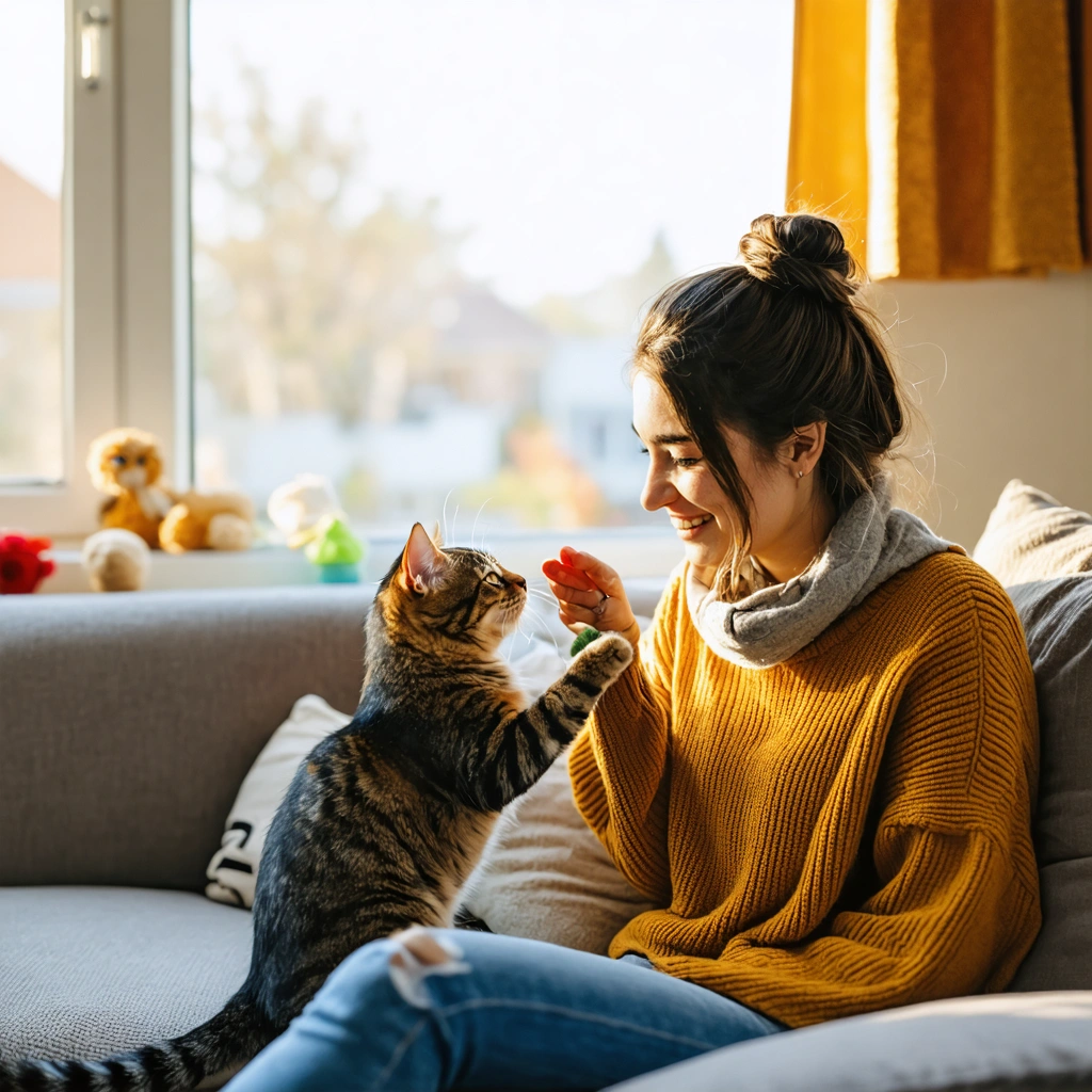 Un chat domestique lèche puis mordille doucement la main d'une femme souriante assise sur un canapé, dans une ambiance chaleureuse.