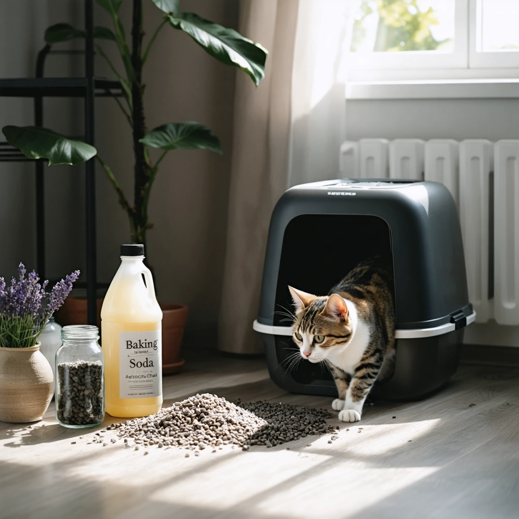 Un chat domestique heureux explore un bac à litière propre, entouré d'accessoires naturels contre les odeurs dans un appartement lumineux et accueillant.