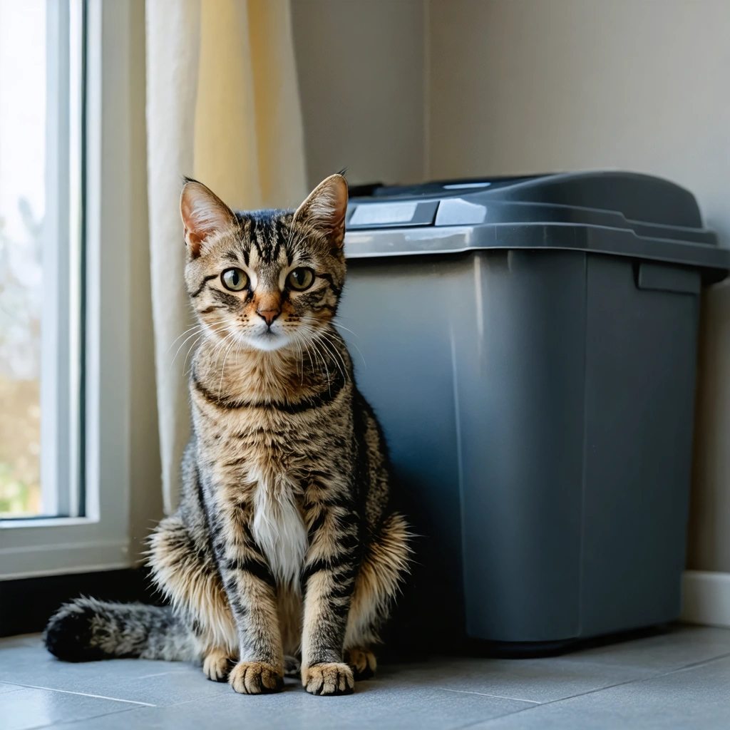 Chat domestique près d'un bac à litière, semblant inconfortable, regardant vers une gamelle d'eau dans un intérieur chaleureux.