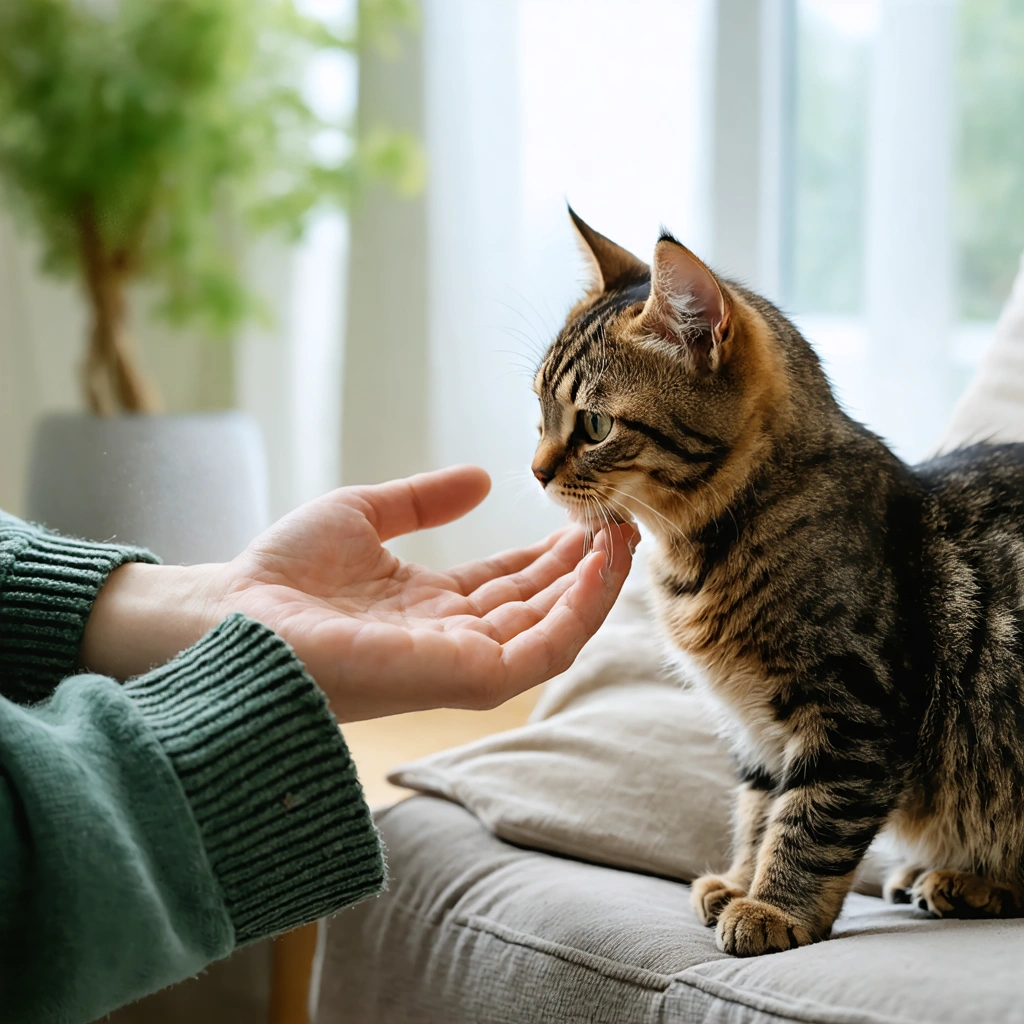 Un chat adulte mordille doucement la main de son propriétaire pendant une séance de caresses dans un salon lumineux, exprimant affection et complicité.