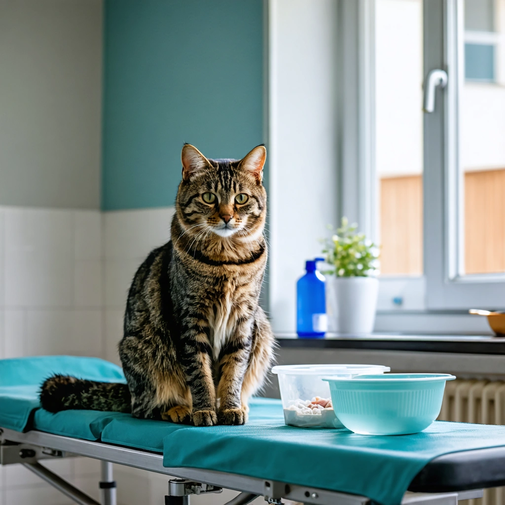 Un chat adulte au regard fatigué est assis sur une table de vétérinaire, entouré d'une gamelle d'eau, de croquettes et d'une ordonnance, dans un cabinet lumineux.