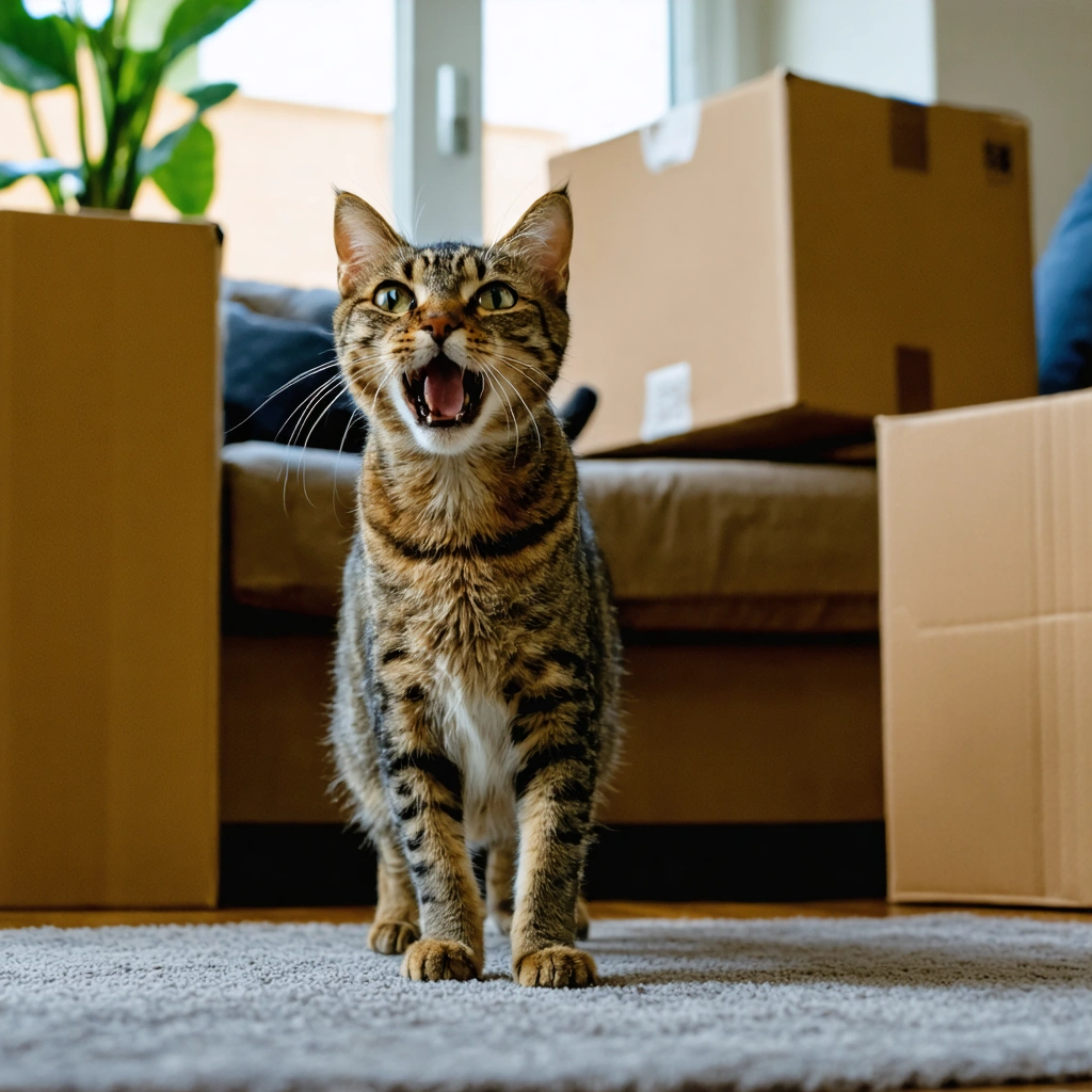 Chat domestique feulant dans une nouvelle maison, hésitant face à des cartons de déménagement et du mobilier inconnu.