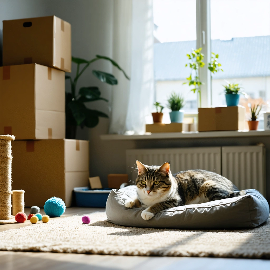 Un chat allongé paisiblement dans une pièce aménagée avec ses affaires préférées, entouré de boîtes de déménagement, créant une atmosphère rassurante et chaleureuse.
