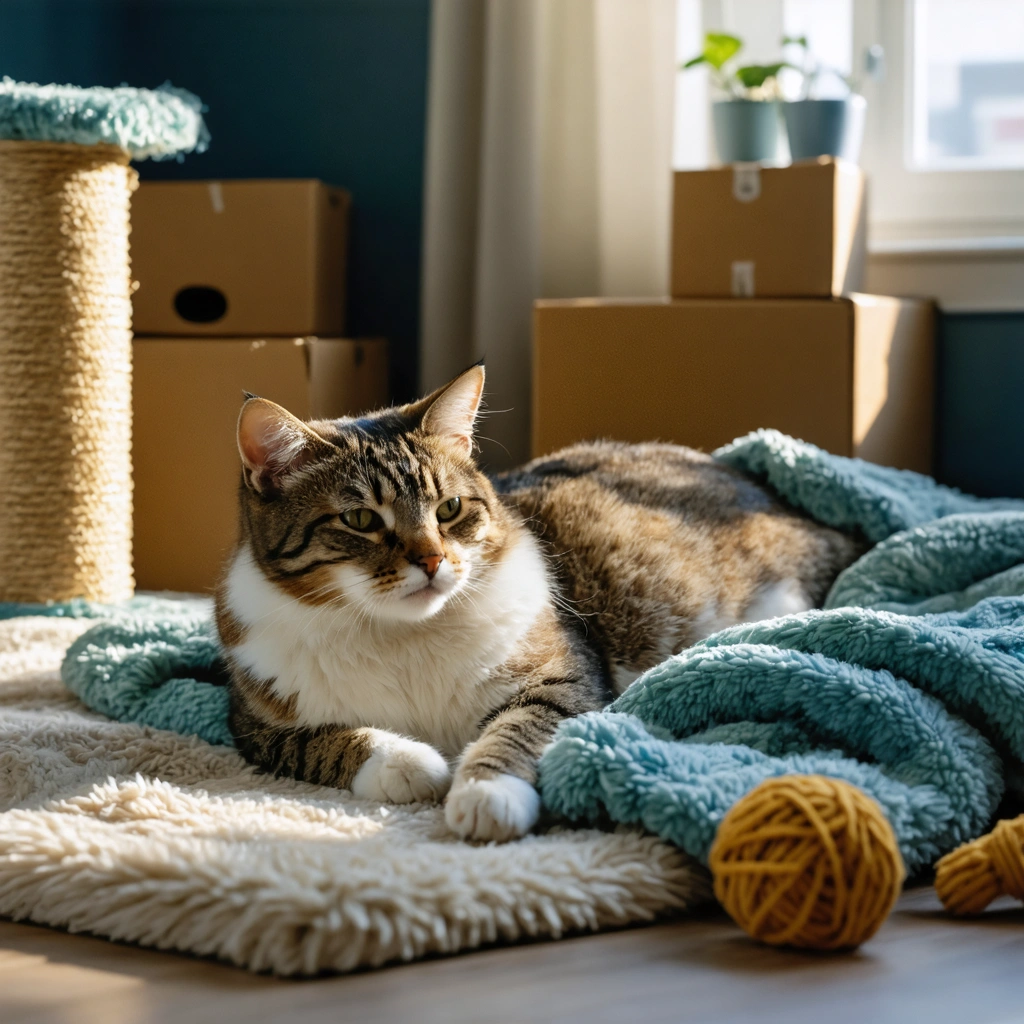 Un chat détendu allongé sur une couverture moelleuse dans une pièce calme avec ses jouets et un arbre à chat, des cartons de déménagement visibles en arrière-plan.