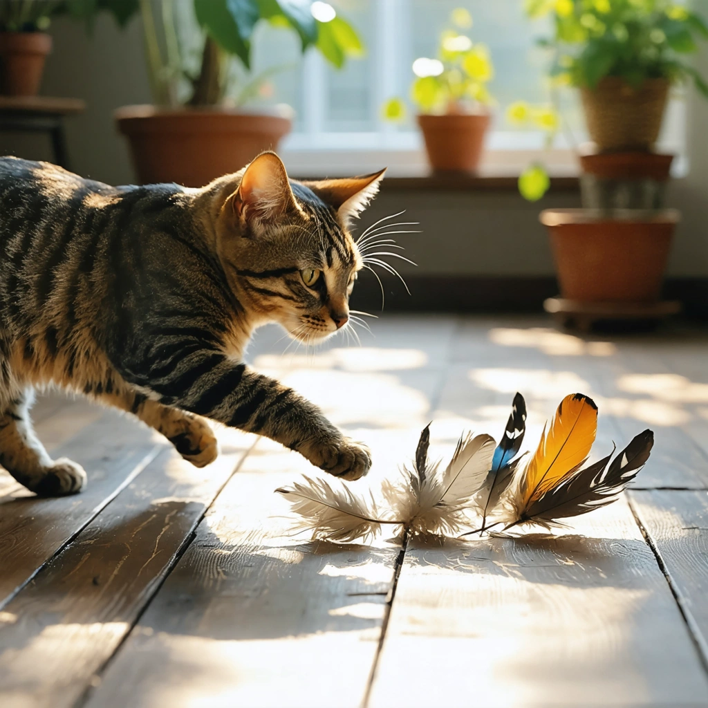 Un chat domestique joue avec des plumes naturelles posées sur un sol en bois, dans une pièce lumineuse avec des plantes en arrière-plan, illustrant un jeu respectueux de la nature et de l'environnement.