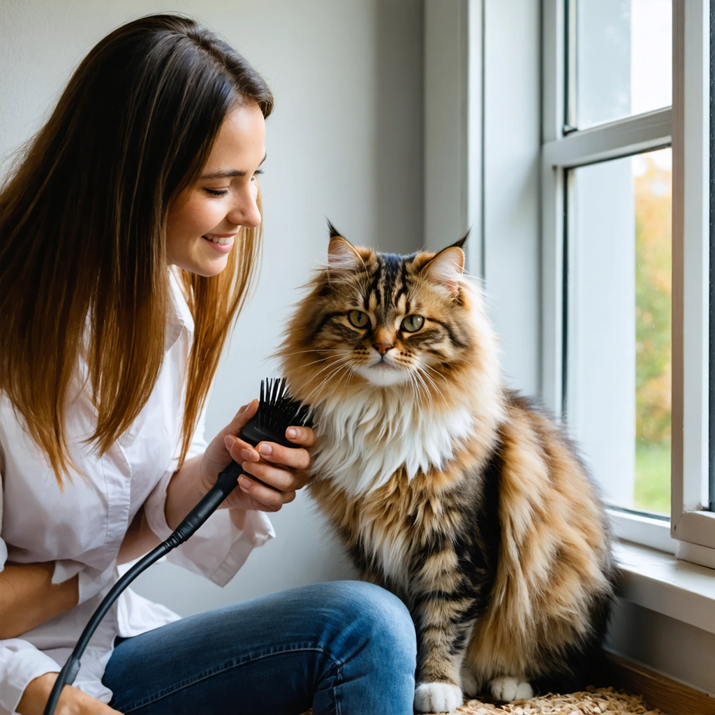 Une femme souriante brosse délicatement un chat à poil long dans un salon lumineux, avec peu de poils au sol et un chat détendu.