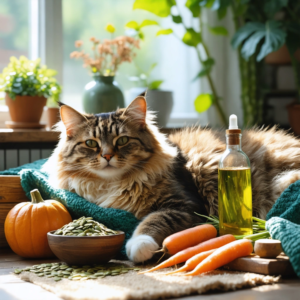 Un chat domestique détendu entouré de remèdes naturels comme des graines de courge, des carottes, de la terre de diatomée, du vinaigre de cidre et une petite bouteille d’huile essentielle dans un salon lumineux.