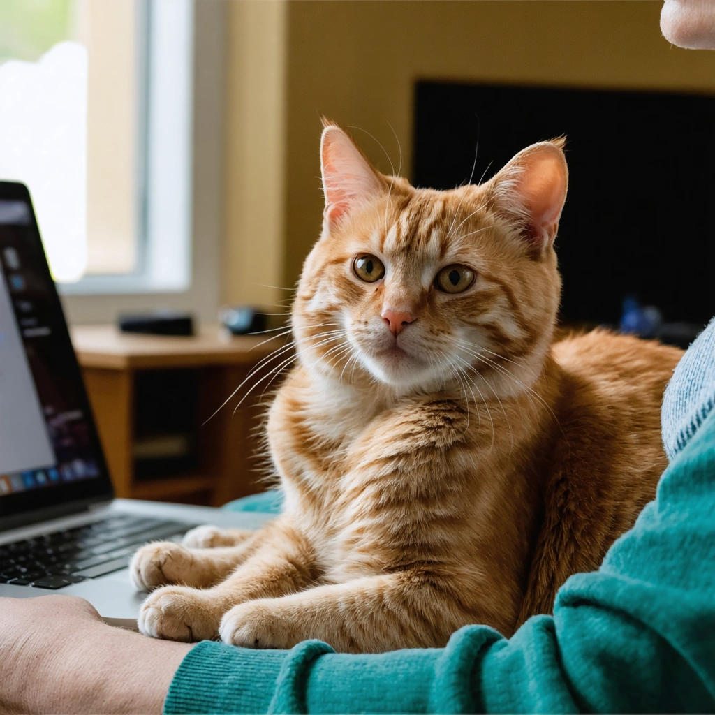 Un chat roux lové sur les genoux d'une personne assise, l'air câlin mais prêt à s'éloigner, dans un salon chaleureux avec un ordinateur portable à proximité.