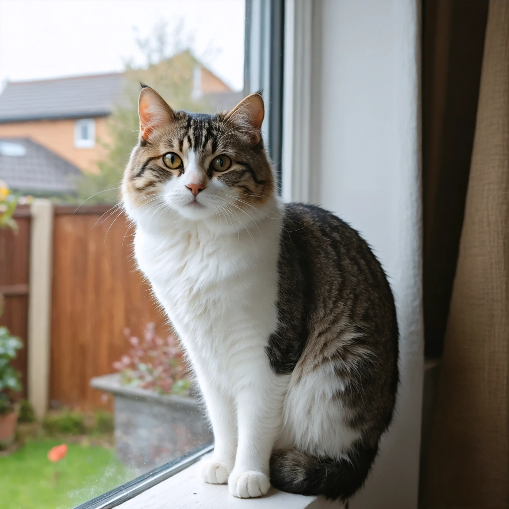 Chat Manx sans queue allongé sur le rebord d’une fenêtre dans un salon chaleureux, montrant son arrière-train dépourvu de queue.
