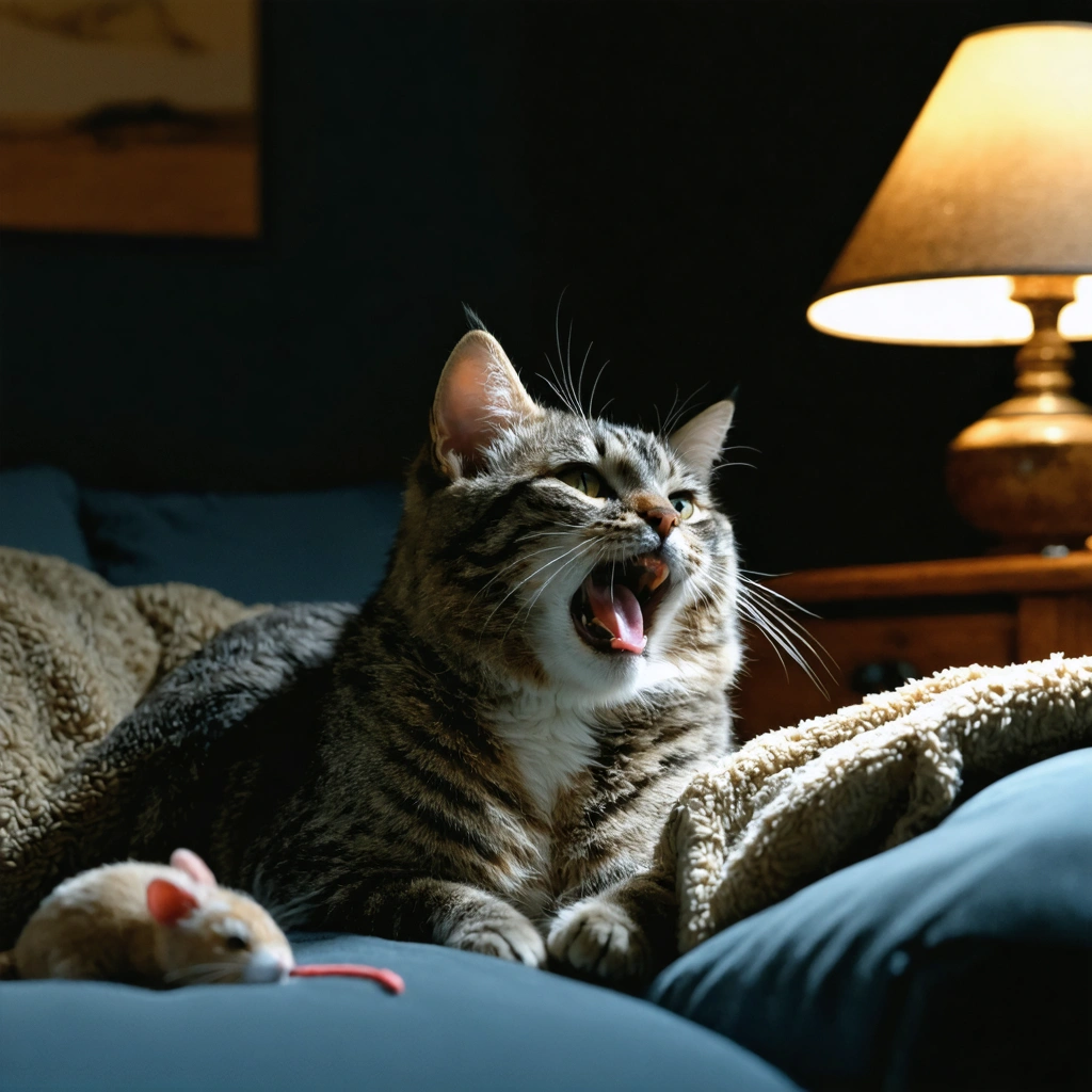 Chat sénior en train de miauler doucement la nuit dans un salon tamisé, entouré d'une couverture, d'une veilleuse et d'une petite souris en peluche, illustrant la confusion nocturne d'un vieux chat.
