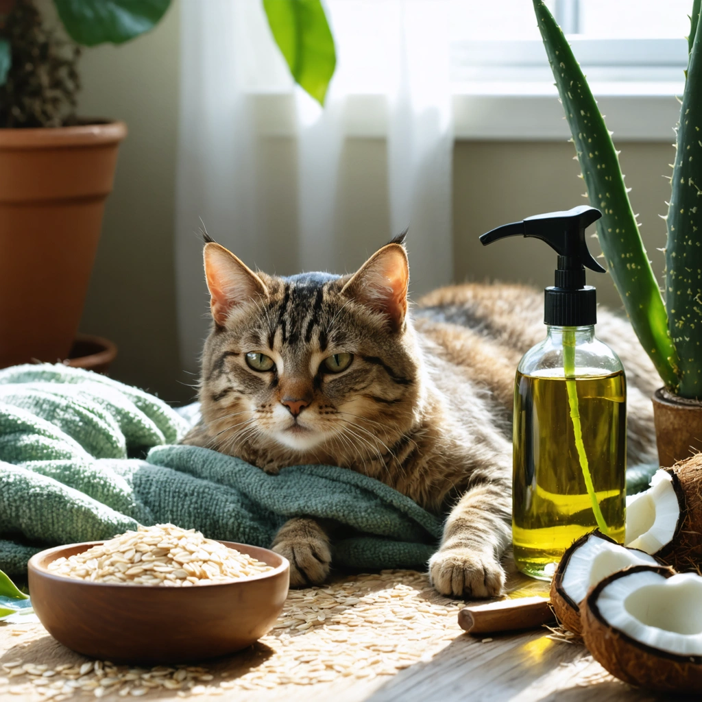 Un chat domestique allongé sur une couverture douce, présentant de légères rougeurs sur la peau, entouré de remèdes naturels comme l'avoine, l'aloe vera et une fiole d'huile de coco, dans une ambiance apaisante de salon.