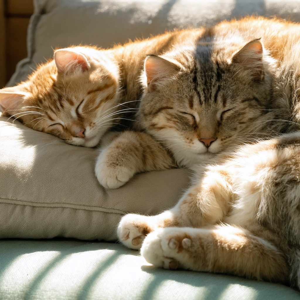 Trois chats de différents âges — un chaton, un adulte et un vieux chat — dorment paisiblement ensemble sur des coussins dans une pièce ensoleillée.