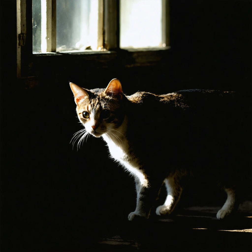 Un chat domestique, dos arqué et yeux grands ouverts, semble sur le qui-vive dans une pièce légèrement sombre avec des ombres, prêt à défendre son territoire ou effrayé par quelque chose d'invisible.