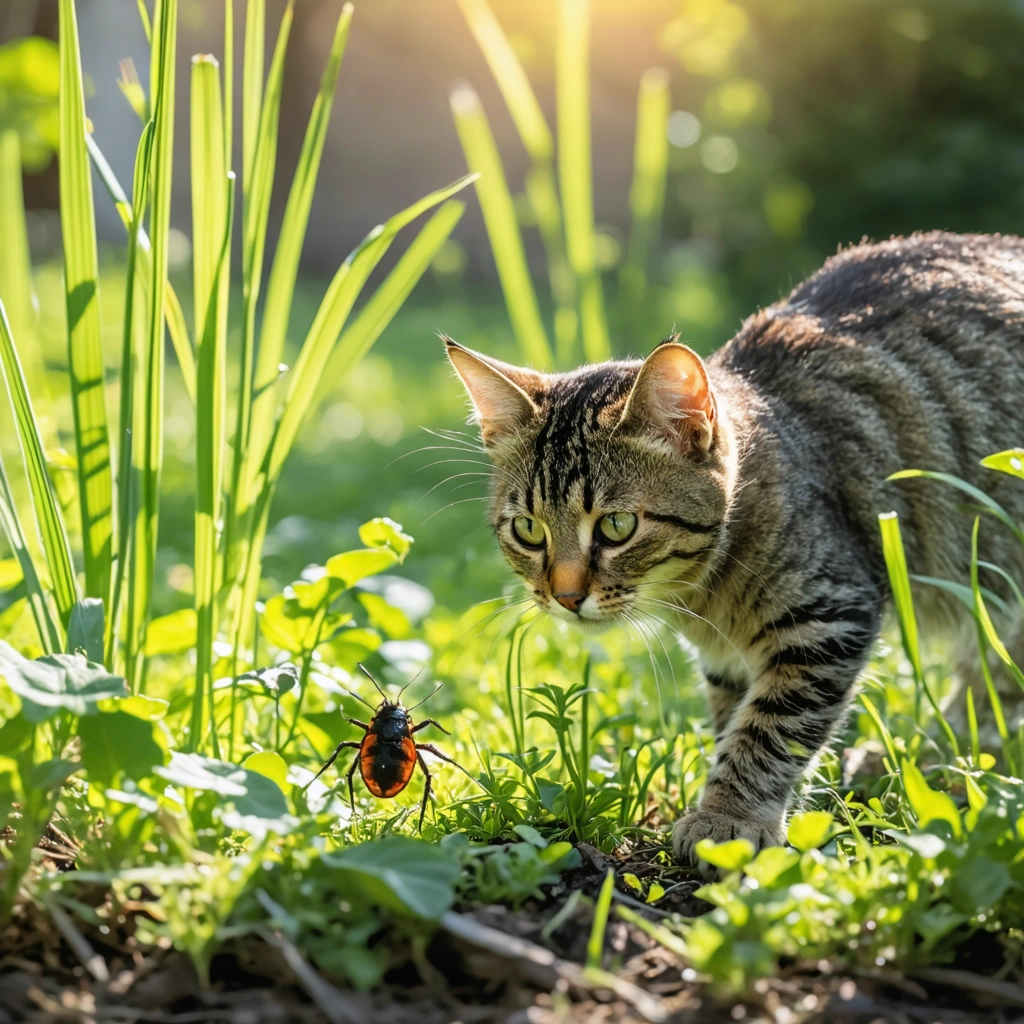 Un chat marche dans un jardin, de l'herbe autour de lui, avec une tique visible sur son pelage pour illustrer le risque de ces parasites.