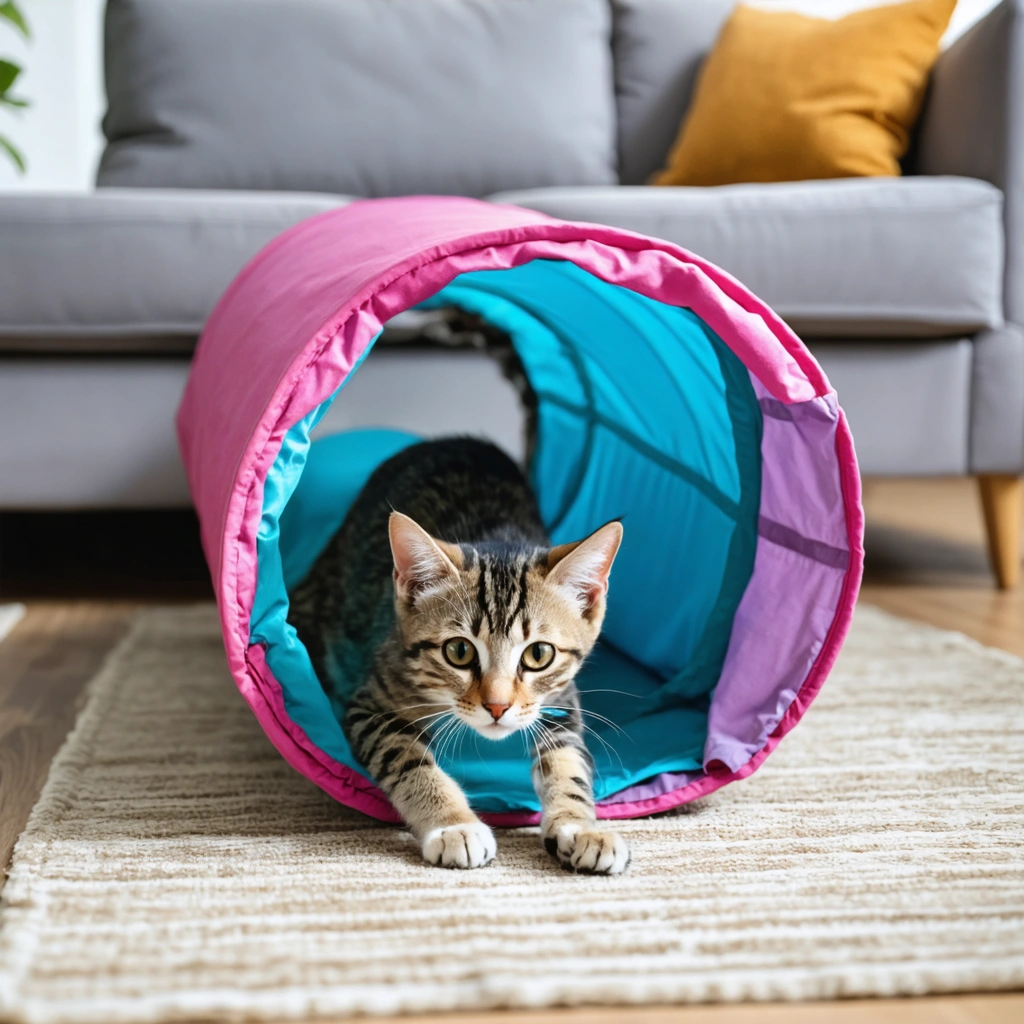Un chat domestique joue dans un tunnel coloré au milieu d'un salon moderne, illustrant son activité et sa curiosité.