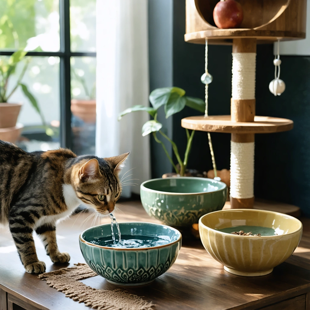 Un chat domestique observe plusieurs bols d'eau dispersés dans un salon, notamment près d'une fenêtre, d'un arbre à chat et dans une coupe à fruits, tous en céramique ou en verre.