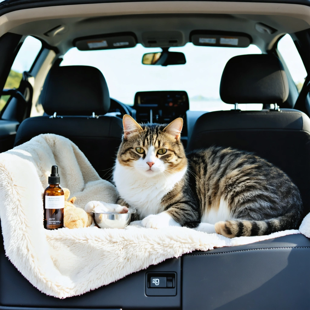 Un chat détendu dans sa caisse de transport sur la banquette arrière d'une voiture, entouré d'herbes apaisantes, un jouet et la main rassurante de sa maîtresse, illustrant un voyage en voiture serein et naturel.