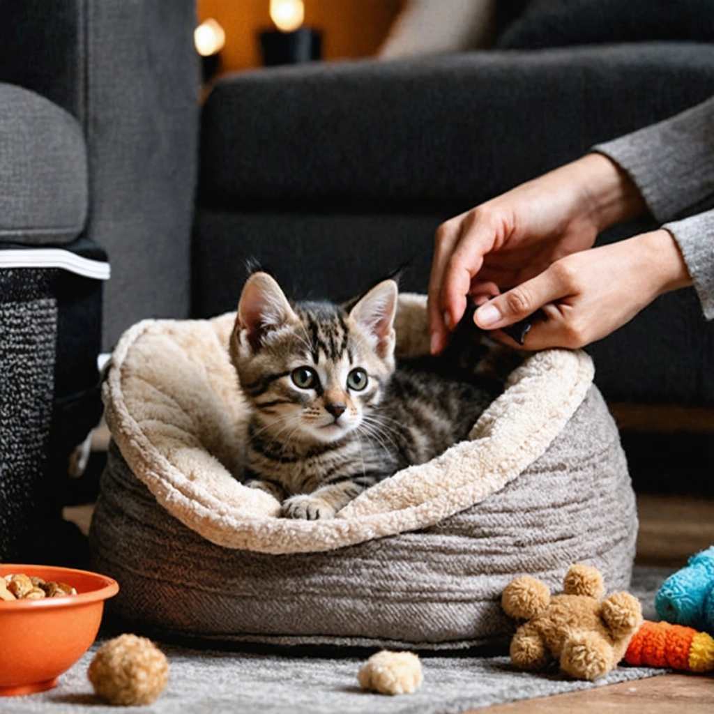 Un petit chaton tigré blotti dans un panier confortable dans un salon, entouré de jouets et de ses affaires essentielles, avec une personne prête à le rassurer lors de sa première nuit.