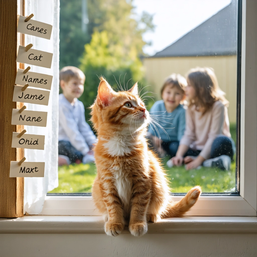 Un chaton roux perché sur le rebord d'une fenêtre, entouré d'étiquettes affichant différents prénoms originaux, tandis qu'une famille discute joyeusement en arrière-plan.