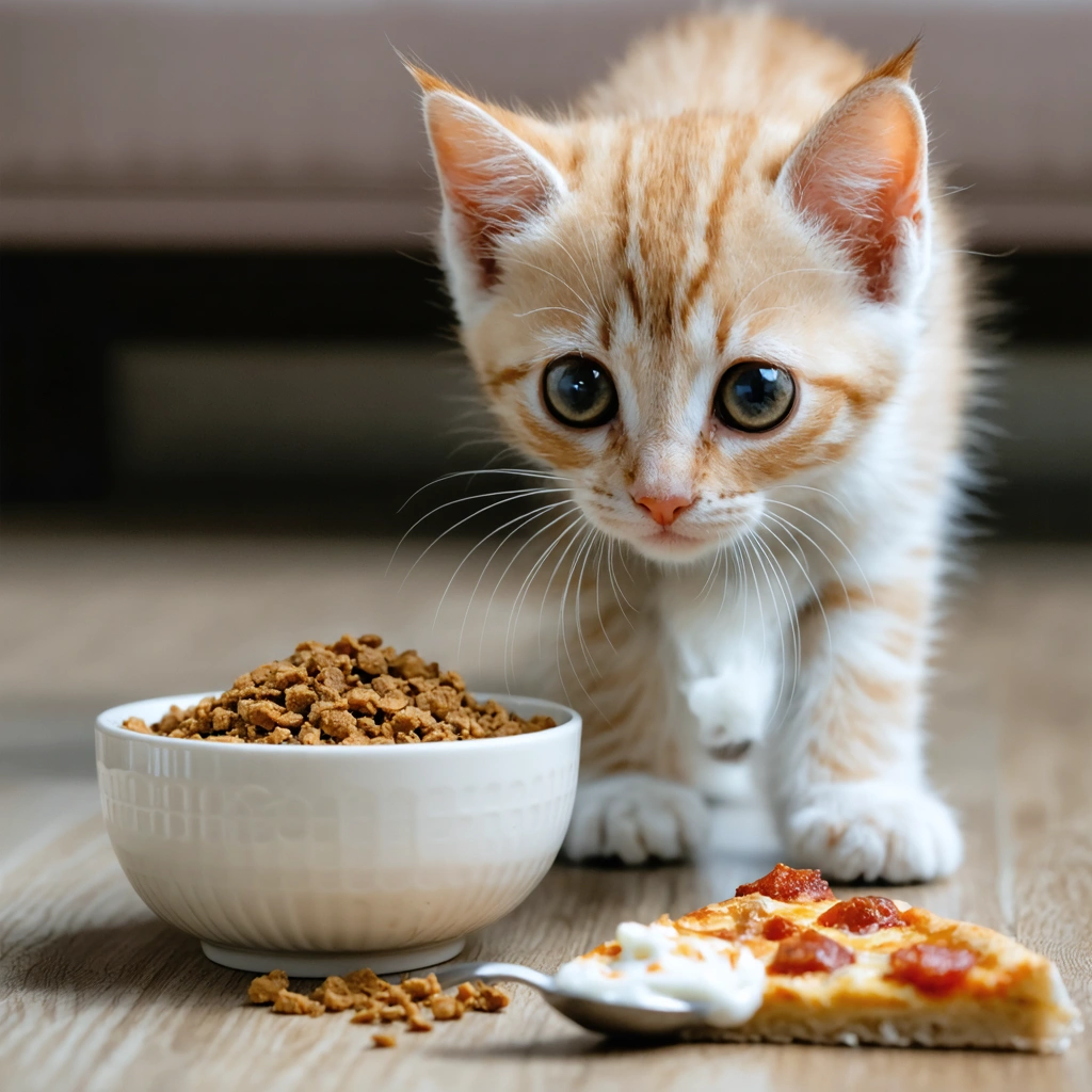 Un jeune chaton assis devant une gamelle de croquettes adaptées, tournant la tête vers une part de pizza et un yaourt posés à côté, illustrant qu'il ne doit pas manger la nourriture des humains.