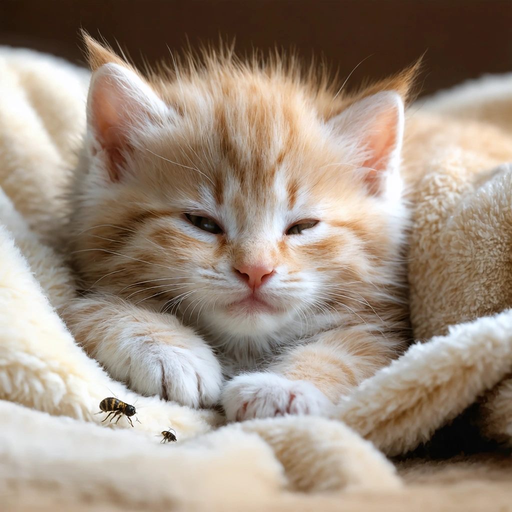 Jeune chaton allongé sur une couverture douce, entouré de petites puces visibles, dans une ambiance rassurante et protectrice.